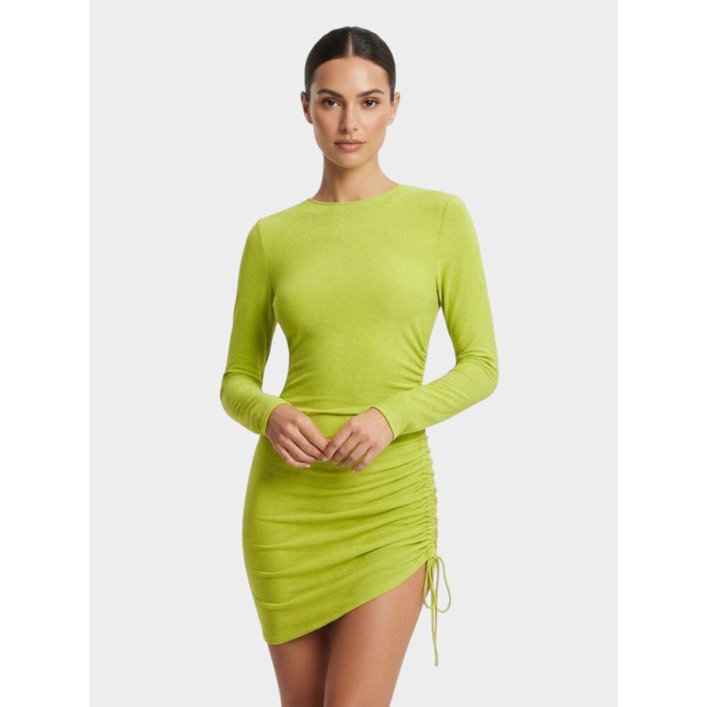 Naked Wardrobe Neon Green Ruched Side Long Sleeve Mini Dress LG